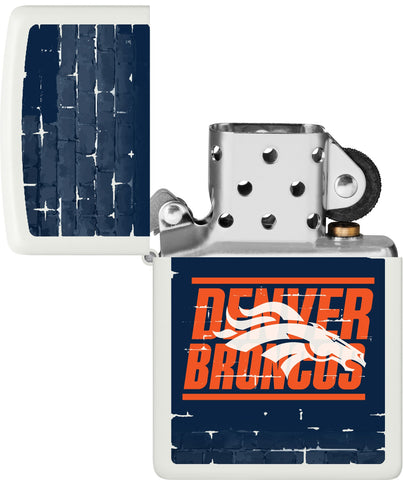 NFL Draft Denver Broncos Windproof Lighter with its lid open and unlit.