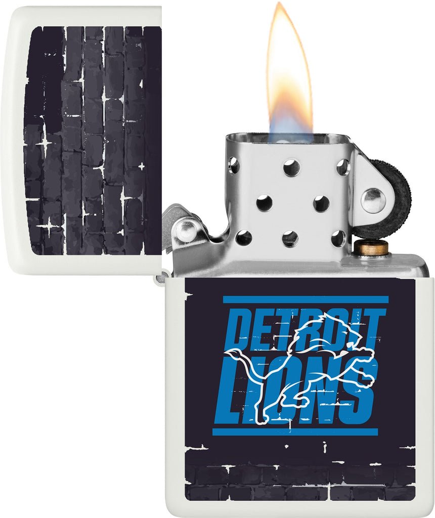 NFL Draft Detroit Lions Windproof Lighter with its lid open and lit.