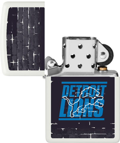 NFL Draft Detroit Lions Windproof Lighter with its lid open and unlit.