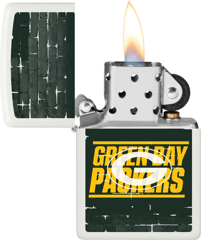 NFL Draft Green Bay Packers Windproof Lighter with its lid open and lit.