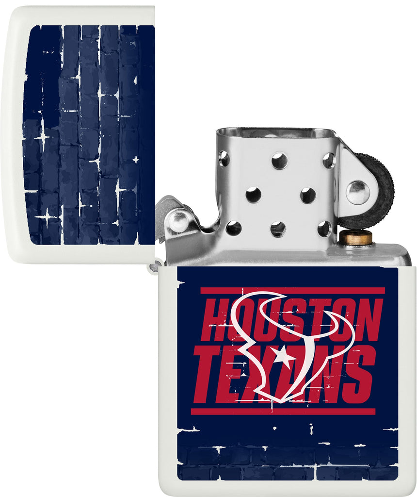 NFL Draft Houston Texans Windproof Lighter with its lid open and unlit.