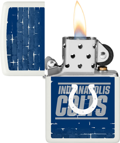 NFL Draft Indianapolis Colts Windproof Lighter with its lid open and lit.