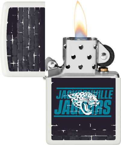 NFL Draft Jacksonville Jaguars Windproof Lighter with its lid open and lit.