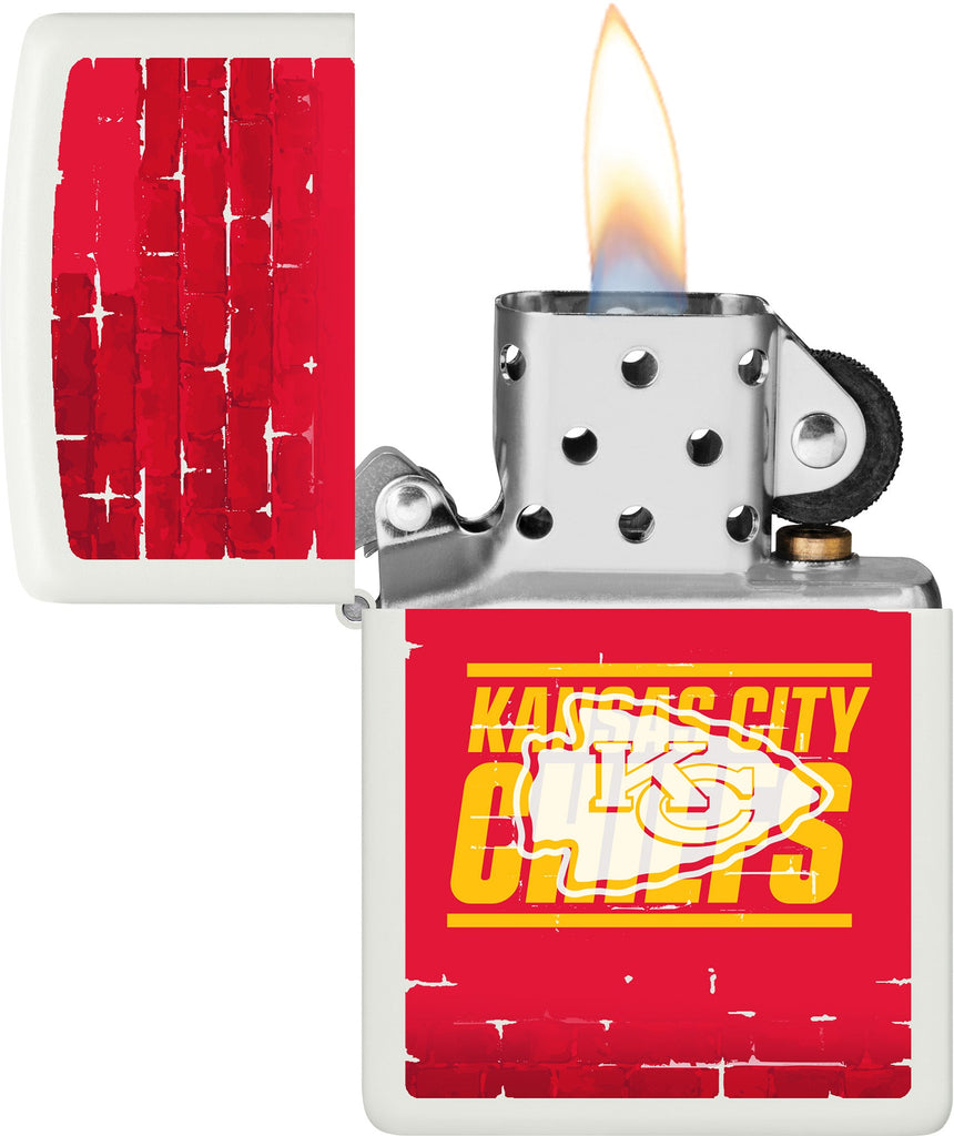 NFL Draft Kansas City Chiefs Windproof Lighter with its lid open and lit.