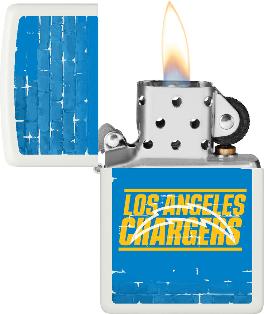 NFL Draft Los Angeles Chargers Windproof Lighter with its lid open and lit.