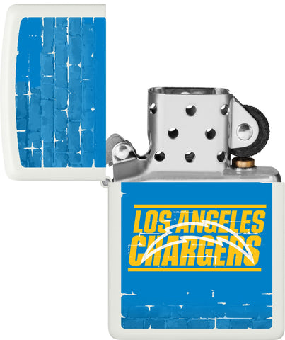 NFL Draft Los Angeles Chargers Windproof Lighter with its lid open and unlit.