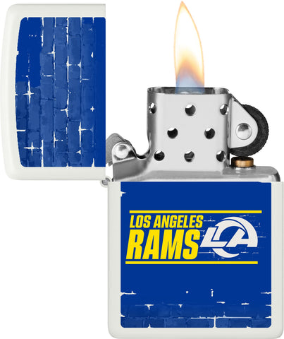 NFL Draft Los Angeles Rams Windproof Lighter with its lid open and lit.