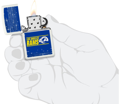 NFL Draft Los Angeles Rams Windproof Lighter lit in hand.