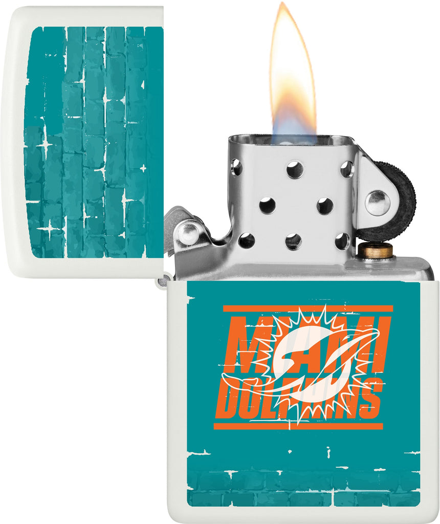 NFL Draft Miami Dolphins Windproof Lighter with its lid open and unlit.
