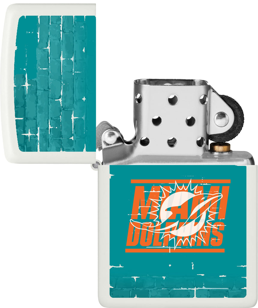 NFL Draft Miami Dolphins Windproof Lighter with its lid open and lit.