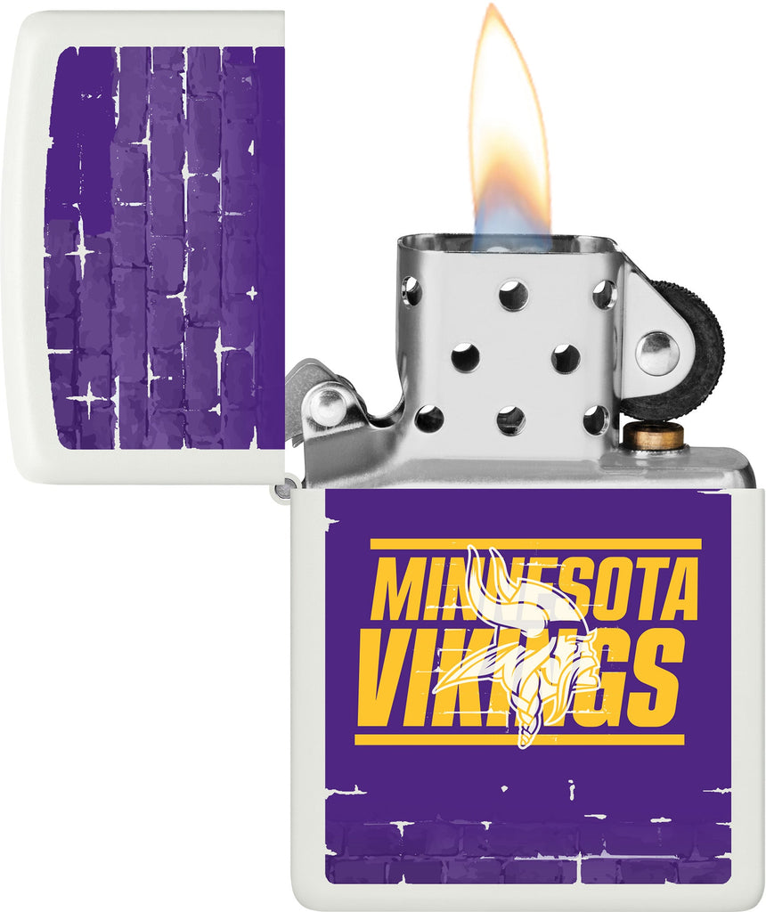 NFL Draft Minnesota Vikings Windproof Lighter with its lid open and lit.