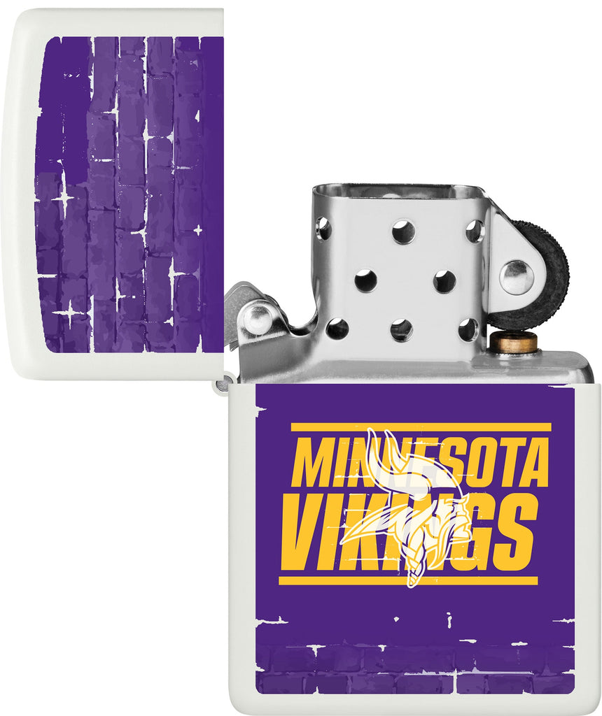NFL Draft Minnesota Vikings Windproof Lighter with its lid open and unlit.