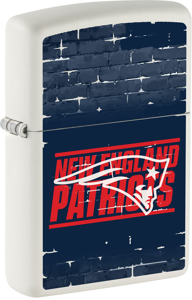 Front shot of NFL Draft New England Patriots Windproof Lighter standing at a 3/4 angle.