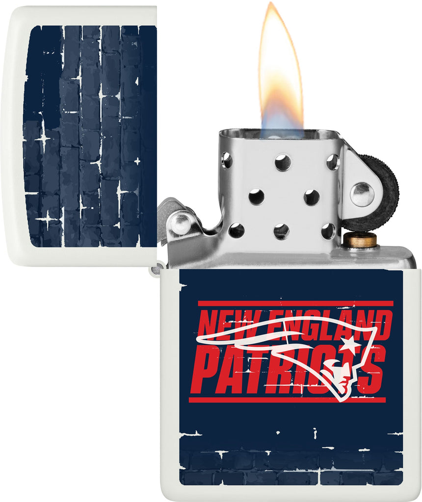 NFL Draft New England Patriots Windproof Lighter with its lid open and lit.