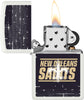 NFL Draft New Orleans Saints Windproof Lighter with its lid open and lit.