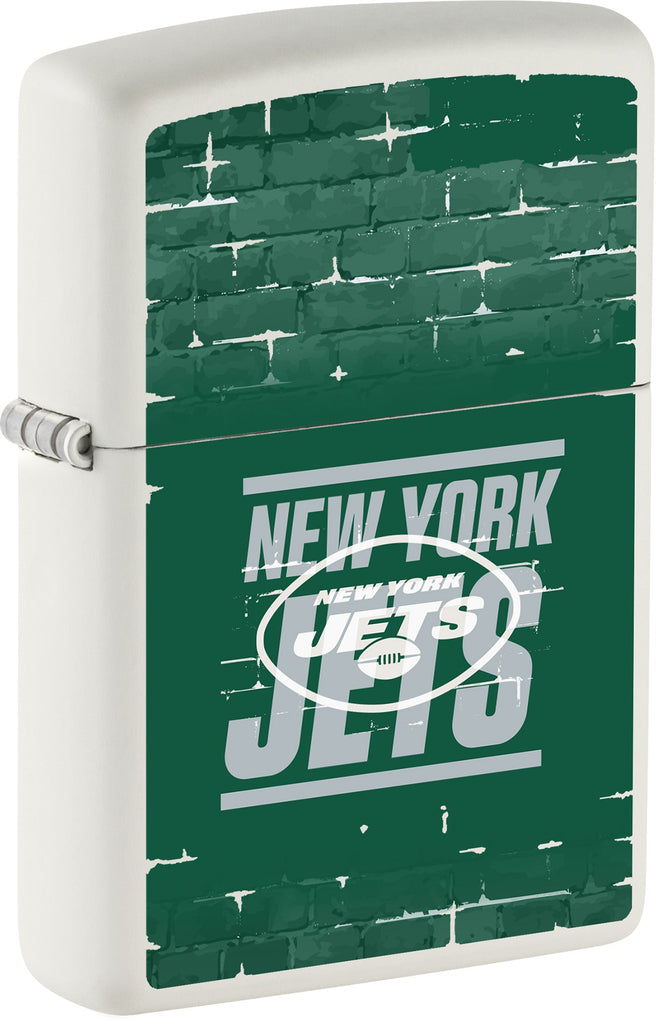 Front shot of NFL Draft New York Jets Windproof Lighter standing at a 3/4 angle.