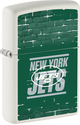 Front shot of NFL Draft New York Jets Windproof Lighter standing at a 3/4 angle.