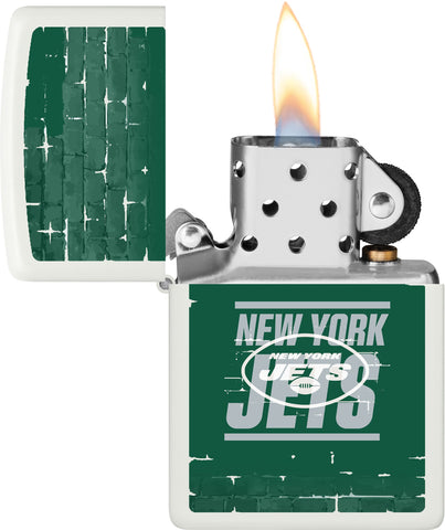 NFL Draft New York Jets Windproof Lighter with its lid open and lit.