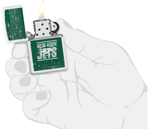 NFL Draft New York Jets Windproof Lighter lit in hand.