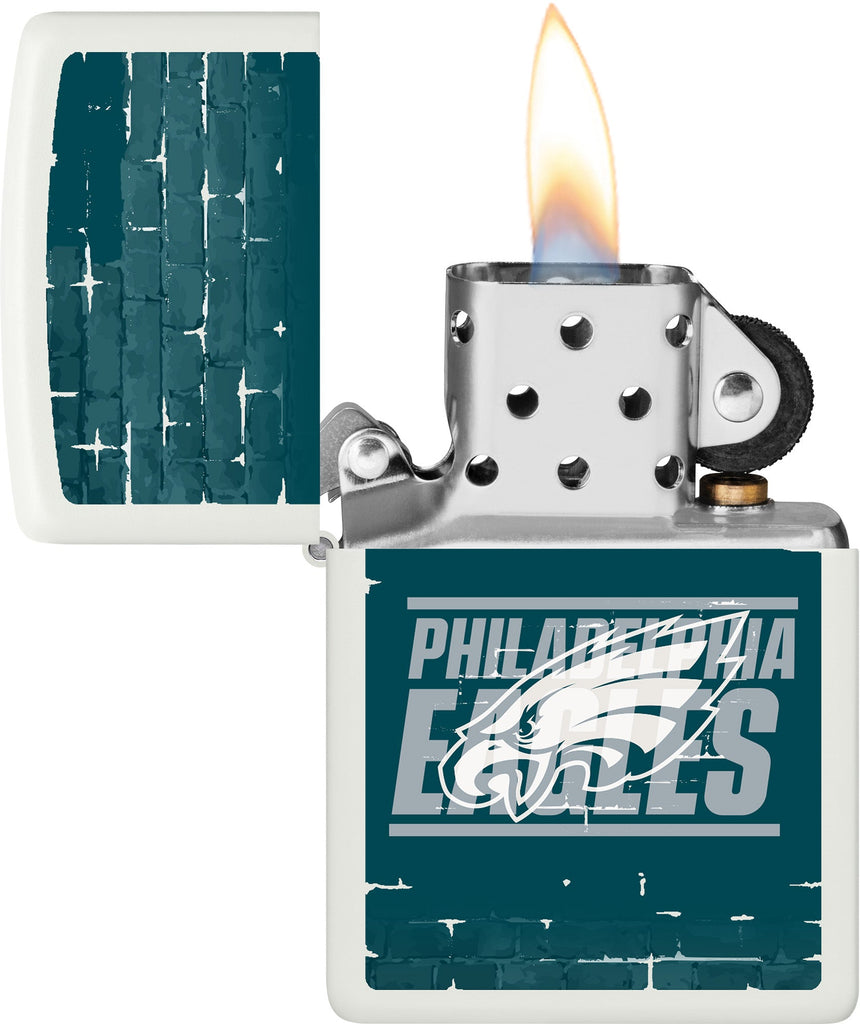 NFL Draft Philadelphia Eagles Windproof Lighter with its lid open and lit.