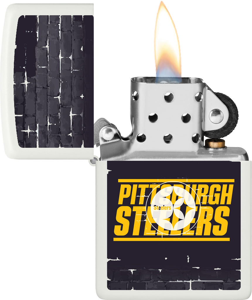 NFL Draft Pittsburgh Steelers Windproof Lighter with its lid open and lit.