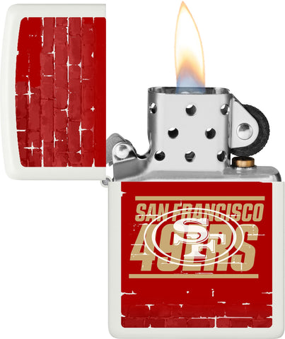 NFL Draft San Francisco 49ers Windproof Lighter with its lid open and lit.