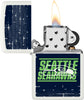 NFL Draft Seattle Seahawks Windproof Lighter with its lid open and lit.