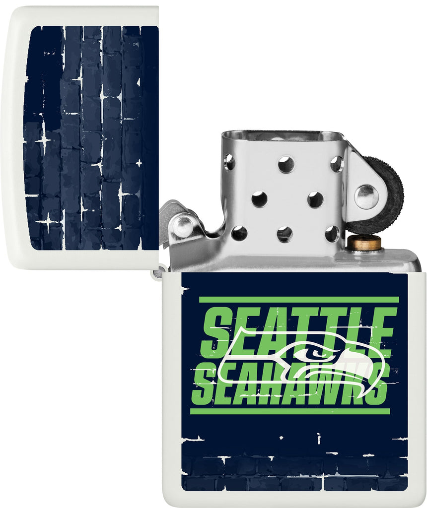 NFL Draft Seattle Seahawks Windproof Lighter with its lid open and unlit.