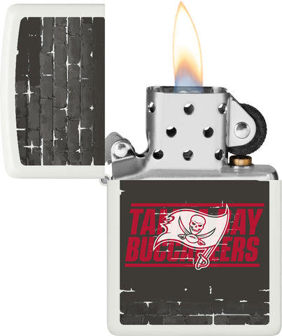 NFL Draft Tampa Bay Buccaneers Windproof Lighter with its lid open and lit.