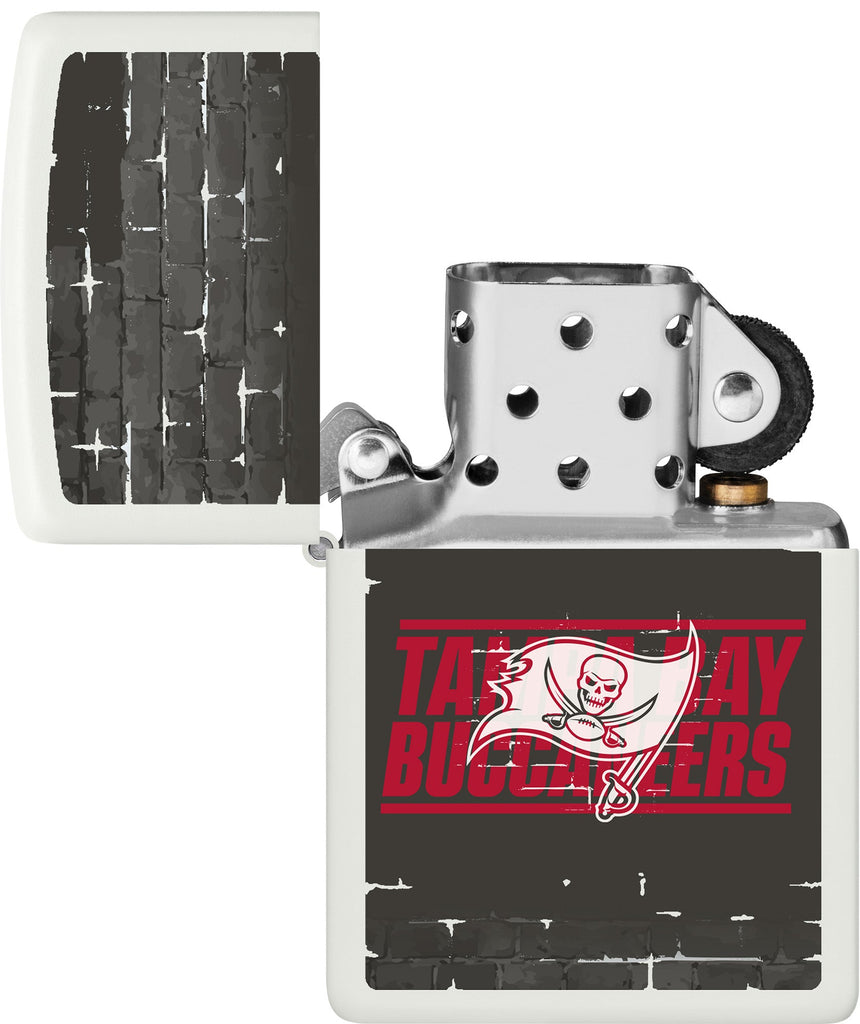 NFL Draft Tampa Bay Buccaneers Windproof Lighter with its lid open and unlit.