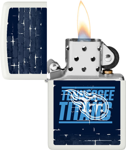 NFL Draft Tennessee Titans Windproof Lighter with its lid open and lit.