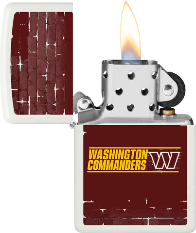 NFL Draft Washington Commanders Windproof Lighter with its lid open and lit.