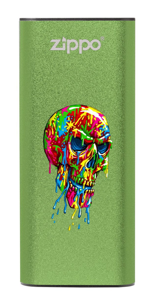 Front of Paint Splatter Skull: Green HeatBank® 3-Hour Rechargeable Hand Warmer