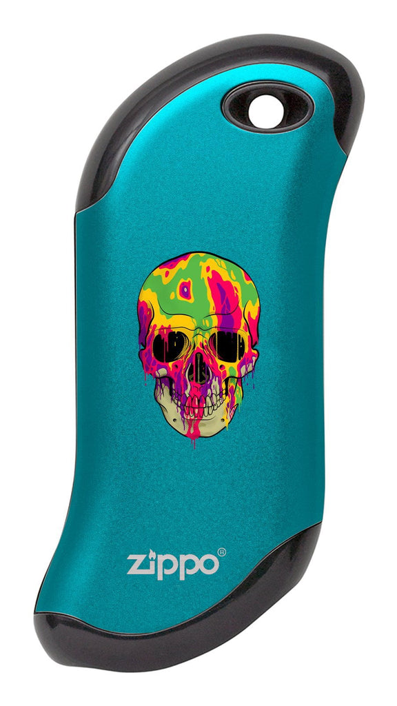 Front of Colorful Skull: Blue HeatBank® 9s Rechargeable Hand Warmer