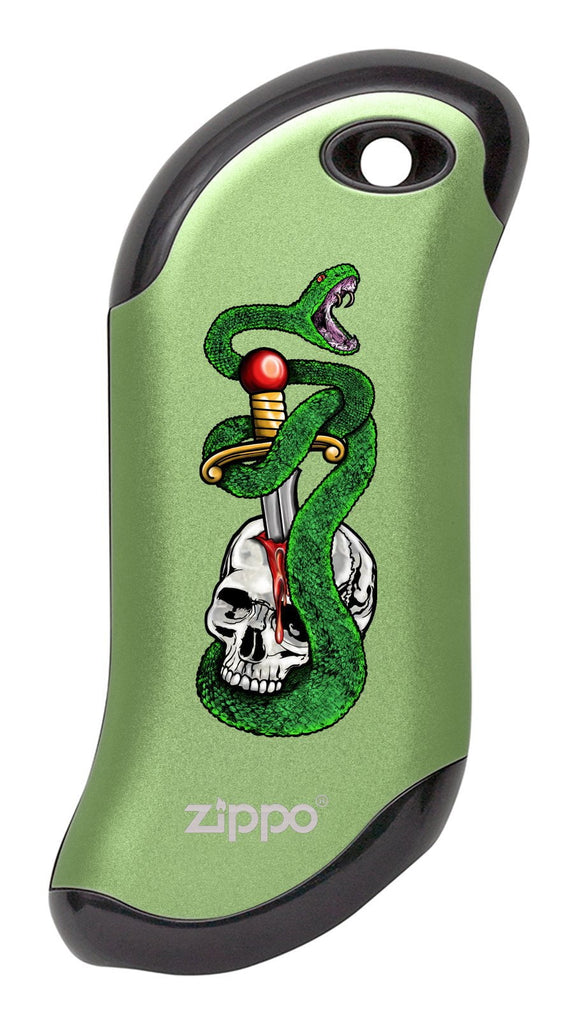 Front of Skull, Snake, & Dagger: Green HeatBank® 9s Rechargeable Hand Warmer