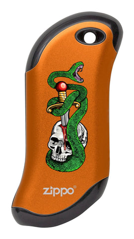 Front of Skull, Snake, & Dagger: Orange HeatBank® 9s Rechargeable Hand Warmer