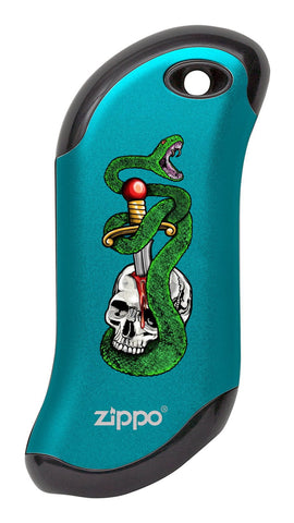 Front of Skull, Snake, & Dagger: Blue HeatBank® 9s Rechargeable Hand Warmer