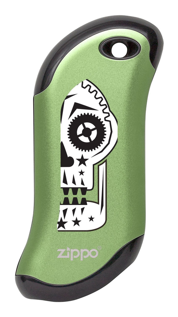 Front of Sugar Skull: Green HeatBank® 9s Rechargeable Hand Warmer
