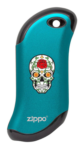 Front of Rose Sugar Skull: Blue HeatBank® 9s Rechargeable Hand Warmer