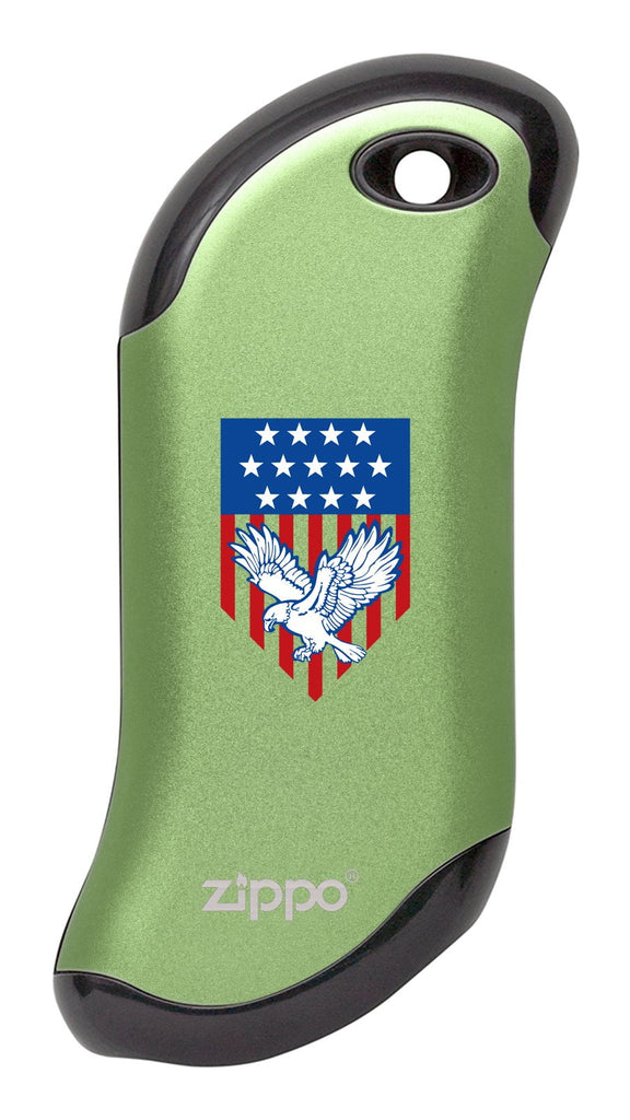 Eagle and American Flag: Green HeatBank® 9s Rechargeable Hand Warmer