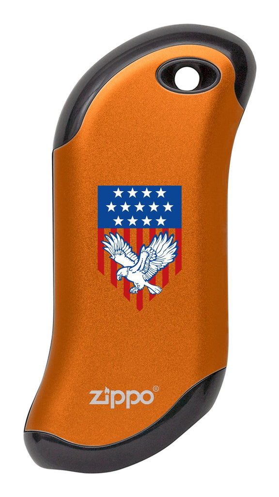 Eagle and American Flag: Orange HeatBank® 9s Rechargeable Hand Warmer