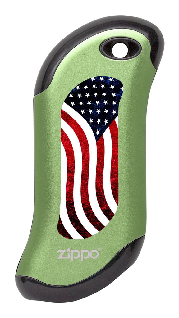 Front of American Flag: Green HeatBank® 9s Rechargeable Hand Warmer