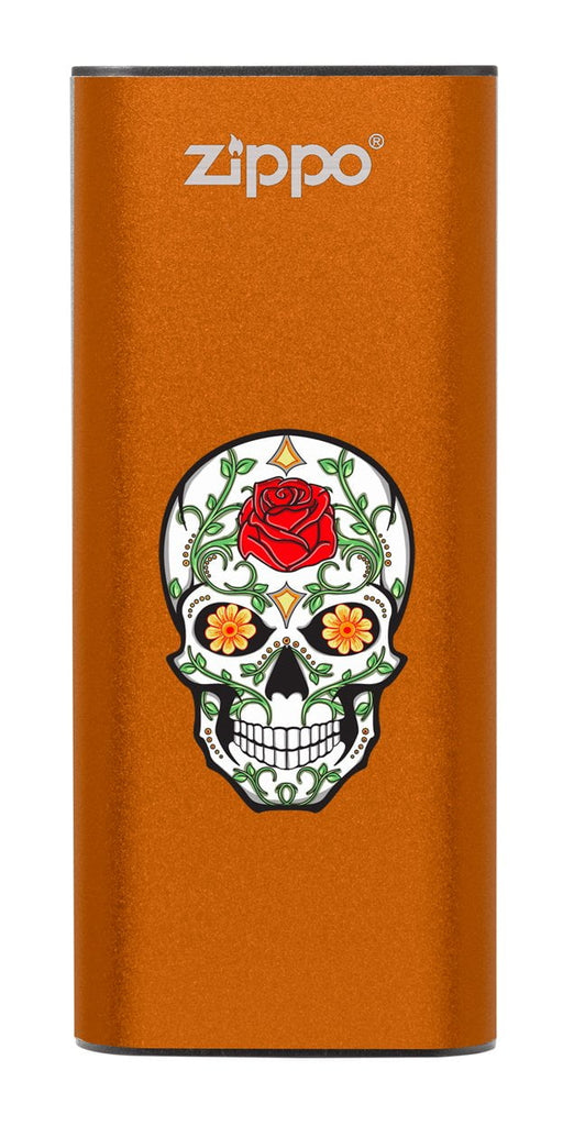 Front of Rose Sugar Skull: Orange HeatBank® 3-Hour Rechargeable Hand Warmer