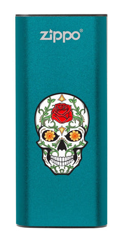 Front of Rose Sugar Skull: Blue HeatBank® 3-Hour Rechargeable Hand Warmer
