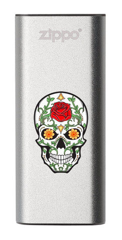 Front of Rose Sugar Skull: Silver HeatBank® 3-Hour Rechargeable Hand Warmer