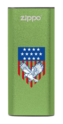 Front of Eagle and American Flag: Green HeatBank® 3-Hour Rechargeable Hand Warmer