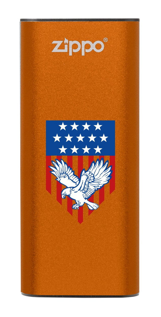 Front of Eagle and American Flag: Orange HeatBank® 3-Hour Rechargeable Hand Warmer