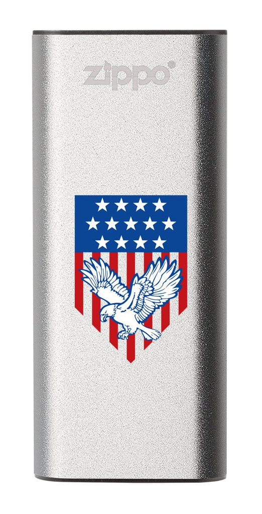 Front of Eagle and American Flag: Silver HeatBank® 3-Hour Rechargeable Hand Warmer
