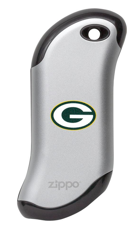 Front of silver NFL Green Bay Packers: HeatBank 9s Rechargeable Hand Warmer