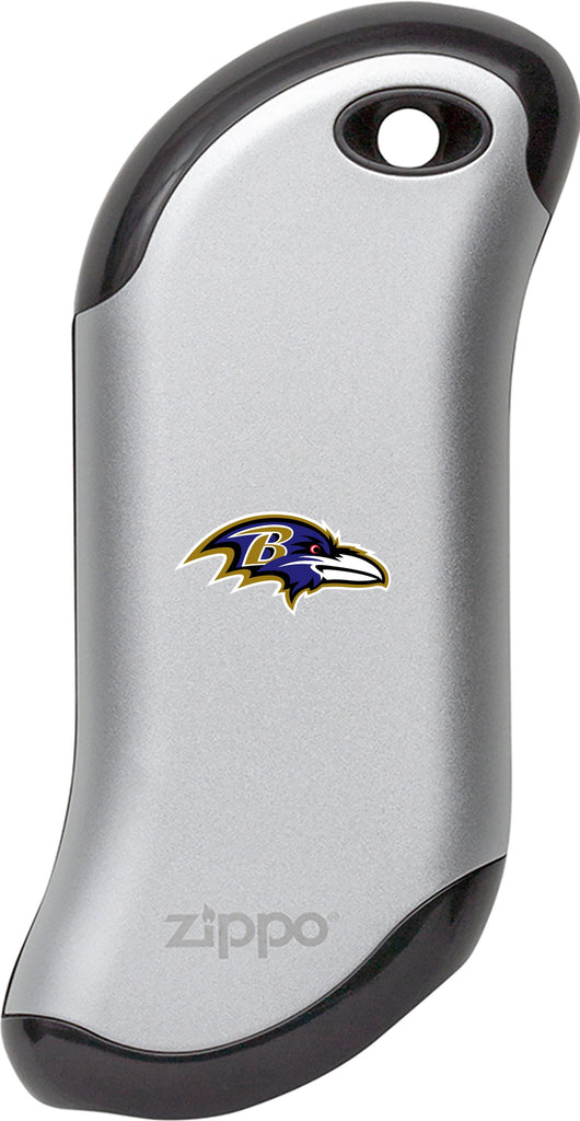 Front of silver NFL Baltimore Ravens: HeatBank 9s Rechargeable Hand Warmer